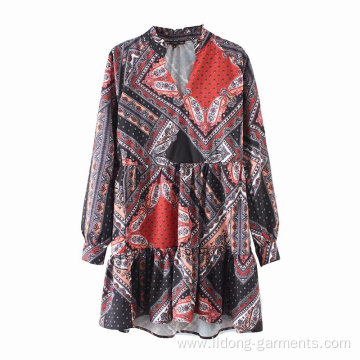 Women Printed V-neck Long Sleeve Oversize Dress